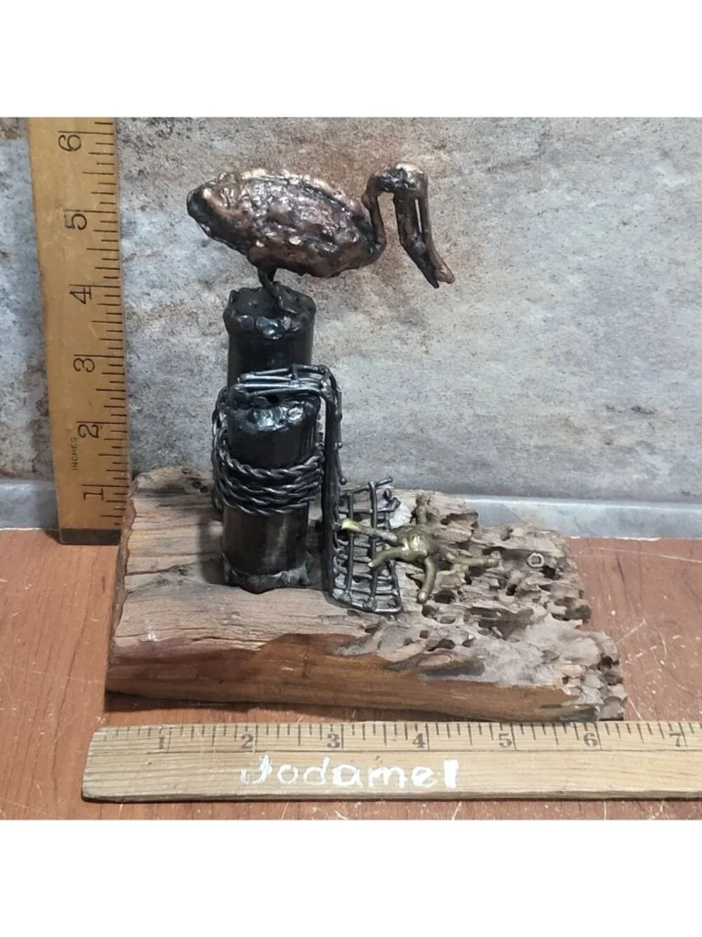 Handcrafted Metal Bird Sculpture Heron Stork Driftwood Base Coastal Maritime Dec